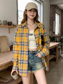 YUXIN American Vintage Niche Design Long Sleeve Plaid Shirt For Women / Spring & Autumn New Loose Casual Commuter Blouse / Suitable For All Seasons - Orange - View 3