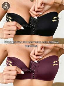 2pcs Women's Front Closure Wireless Support Bra, Summer Bandeau Lingerie, Soft & Comfortable Underwear - Multicolor - View 1