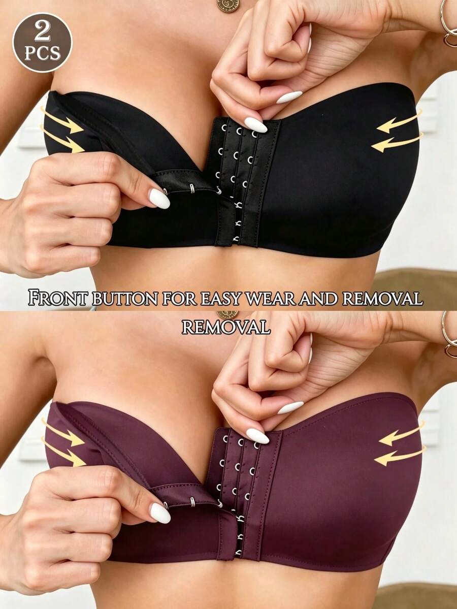 2pcs Women's Front Closure Wireless Support Bra, Summer Bandeau Lingerie, Soft & Comfortable Underwear - Multicolor - View 1
