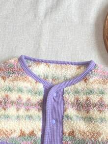 Baby Girl Vintage Tie-Dye Plush Cardigan, Colorblock Ribbed Trim Single-Breasted Pocket Warm Autumn/Winter Jacket - Purple - View 3