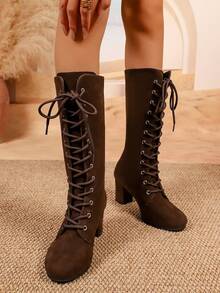 2026 New Round Toe Chunky Heel Women's Ankle Boots, Height-Increasing Versatile Lace-Up Ankle Boots For Autumn/Winter - Brown - View 4