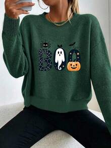 Plus Size Women's Ghost Reading Bookshelf Graphic Casual Pullover Sweater - Dark Forest Green - View 5