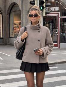 Vintage Stand Collar Short Wool Blend Jacket, Long Sleeve With Side Pockets - Light Grey - View 2