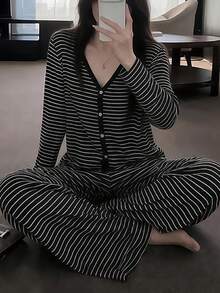 2pcs Women's Pajama Set, V-Neck Cardigan Striped Print Long Sleeve Pants, Easy Care Fabric - Black and White - View 6