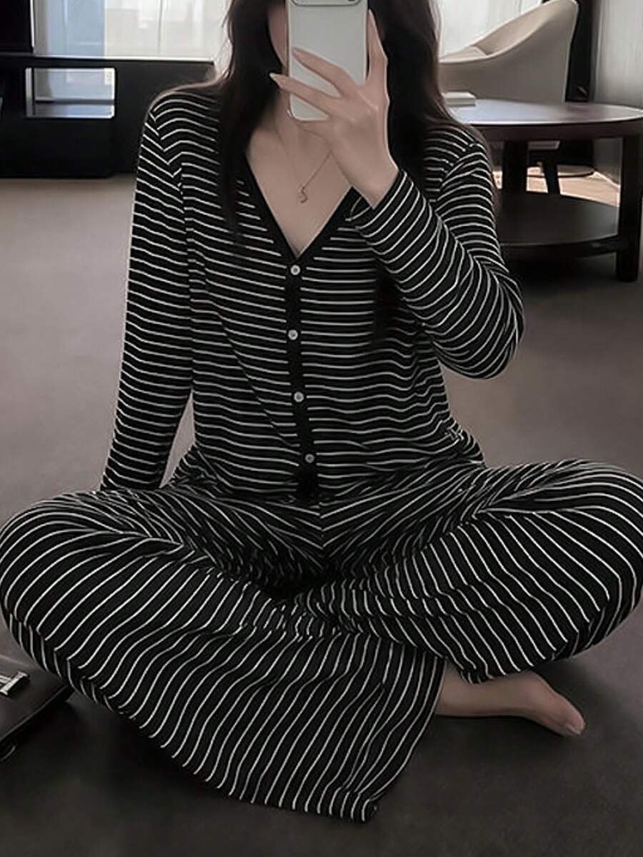 2pcs Women's Pajama Set, V-Neck Cardigan Striped Print Long Sleeve Pants, Easy Care Fabric - Black and White - View 1