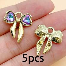 Random 5/10pcs Golden Bow Charms With Heart Rhinestone, Multi Color Crystal Bow Pendant For DIY Earrings Bracelets Necklaces Jewelry Making Accessorie - Multicolor - View 11