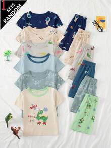 Bộ đồ ngủ bé trai 6 set, 1 set ngẫu nhiên, họa tiết hoạt hình máy xúc, cotton nguyên chất, tay ngắn quần short, mặc nhà thường ngày, in toàn thân - Nhiều màu - Xem 1