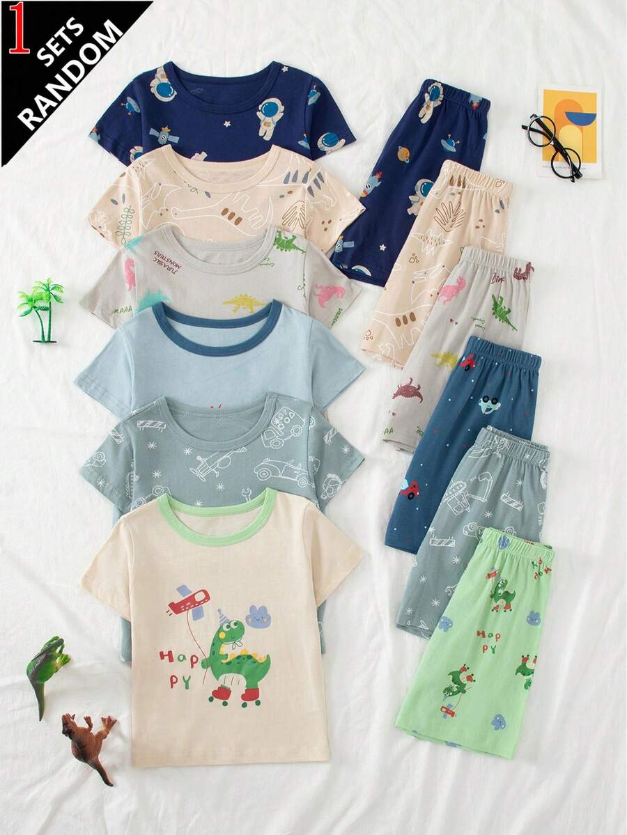 Bộ đồ ngủ bé trai 6 set, 1 set ngẫu nhiên, họa tiết hoạt hình máy xúc, cotton nguyên chất, tay ngắn quần short, mặc nhà thường ngày, in toàn thân - Nhiều màu - Xem 1