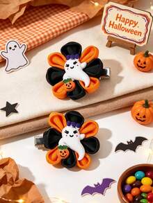 2pcs Halloween Ghost Pumpkin Hair Clips Grosgrain Ribbon Flower Decor Alligator Clips Cute Party Daily Hair Barrettes Kids Hair Accessories - Multicolor - View 1