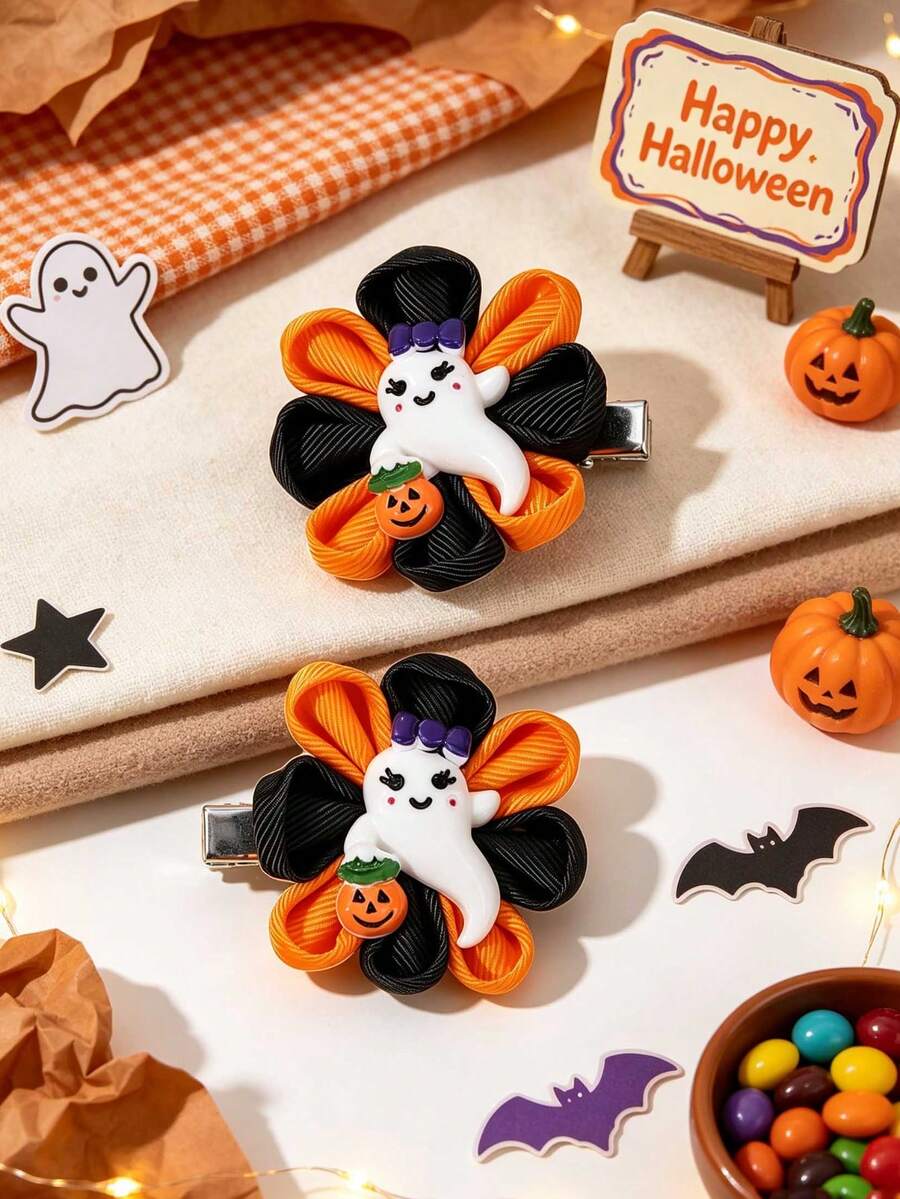 2pcs Halloween Ghost Pumpkin Hair Clips Grosgrain Ribbon Flower Decor Alligator Clips Cute Party Daily Hair Barrettes Kids Hair Accessories - Multicolor - View 1