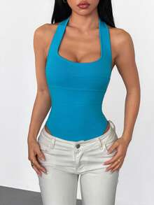 Women's Square Neck Knit Jumpsuit, Square Neck Sleeveless Fitted Solid Color Basic Outerwear Tank Jumpsuit - Blue - View 5