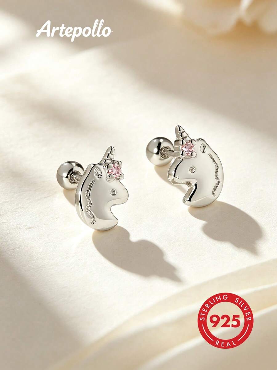 Artepollo 1 Pair 925 Silver Unicorn Head Earrings, Inlaid Pink Cubic ...