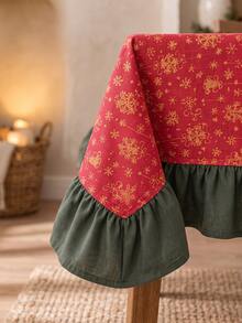1pc Red Background Gold Christmas Bell Snowflake Print Tablecloth, Traditional Country Style, Rectangular Green Leaf Edge With Pleated Details, Stain-Resistant Protective Tablecloth For Home Long Table, Suitable For Christmas Family Gatherings And Winter Holiday Dining Room Decor - Red - View 2
