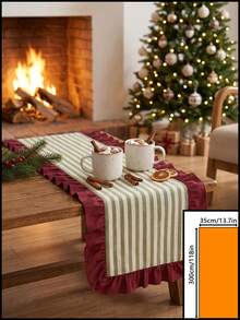 1pc Green & White Fine Striped With Burgundy Ruffle Edge Table Runner, Christmas Country Style Fabric Material, Rectangular Shape With Burgundy Ruffle Edge Patchwork Detail Decoration, Beautification And Stain Protection For Tabletop, Suitable For Christmas Fireplace Decor And Winter Holiday Home Scenes - Red - View 16