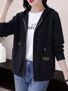 女款寬鬆連帽拉鍊針織運動衫，加厚標準版夾克，適合秋冬春三季 - 黑色 - 查看 4