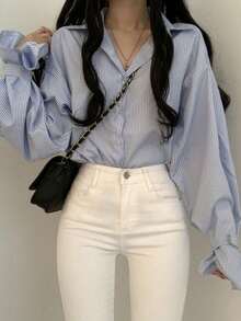 Women's Casual Summer Loose Open-Front Striped Long Sleeve Shirt With Collar, Niche Design - Blue - View 2