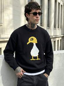 Oversized Retro Street Style Unisex Casual Knitted Sweater, Loose Fit Dropped Shoulder Design, Simple Duck Jacquard Pattern, Round Neck, Warm For Autumn And Winter, Long Sleeve Top - Black - View 1