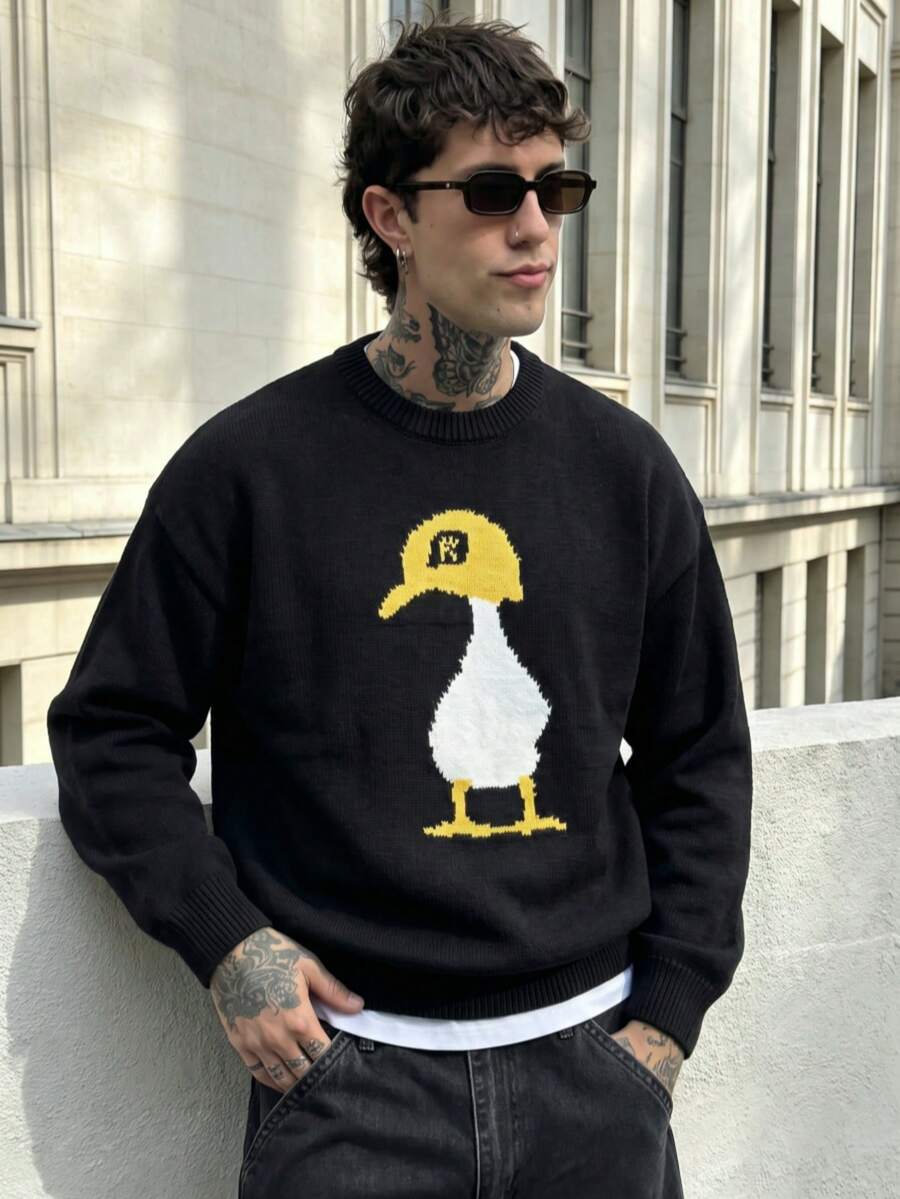 Oversized Retro Street Style Unisex Casual Knitted Sweater, Loose Fit Dropped Shoulder Design, Simple Duck Jacquard Pattern, Round Neck, Warm For Autumn And Winter, Long Sleeve Top - Black - View 1