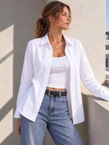 Women's Classic Button Down Shirt Long Sleeve Collared Blouse Relaxed Fit Curved Hem Button Cuffs Office Casual Top - White - View 10