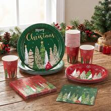 10/20/50/80 Pcs,Winter Holiday Merry Christmas Disposable Tableware Set,Red Green Christmas Tree Pattern 7 Inch & 9 Inch Paper Plates Napkins And 9oz Cups,Party Decor Supplies For Pre-Xmas Family Feast,Winter Solstice Dinner - Multicolor - View 5
