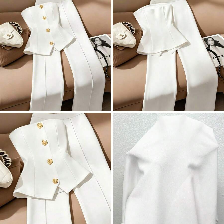 Conjunto elegante de 2 piezas con top bandeau que define la cintura y pantalones de pierna ancha en color blanco, tela con caída - blanco - Ver 1