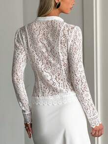 Women's Stand Collar Lace Blouse, Frog Button Long Sleeve Sheer Fitted Crochet Lace Top, Casual Outing Top - Apricot - View 8