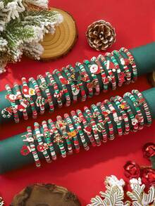 6pcs Christmas Red & Green Striped Soft Clay Elastic Bracelets With Random Christmas Metal Charms, Santa Claus, Christmas Tree, Holiday Accessories - Multicolor - View 1