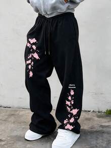 SU ER Men's Summer Casual Drawstring Elastic Waist Loose Draped Lazy Wide Leg Curved Hem Long Pants - Black - View 1