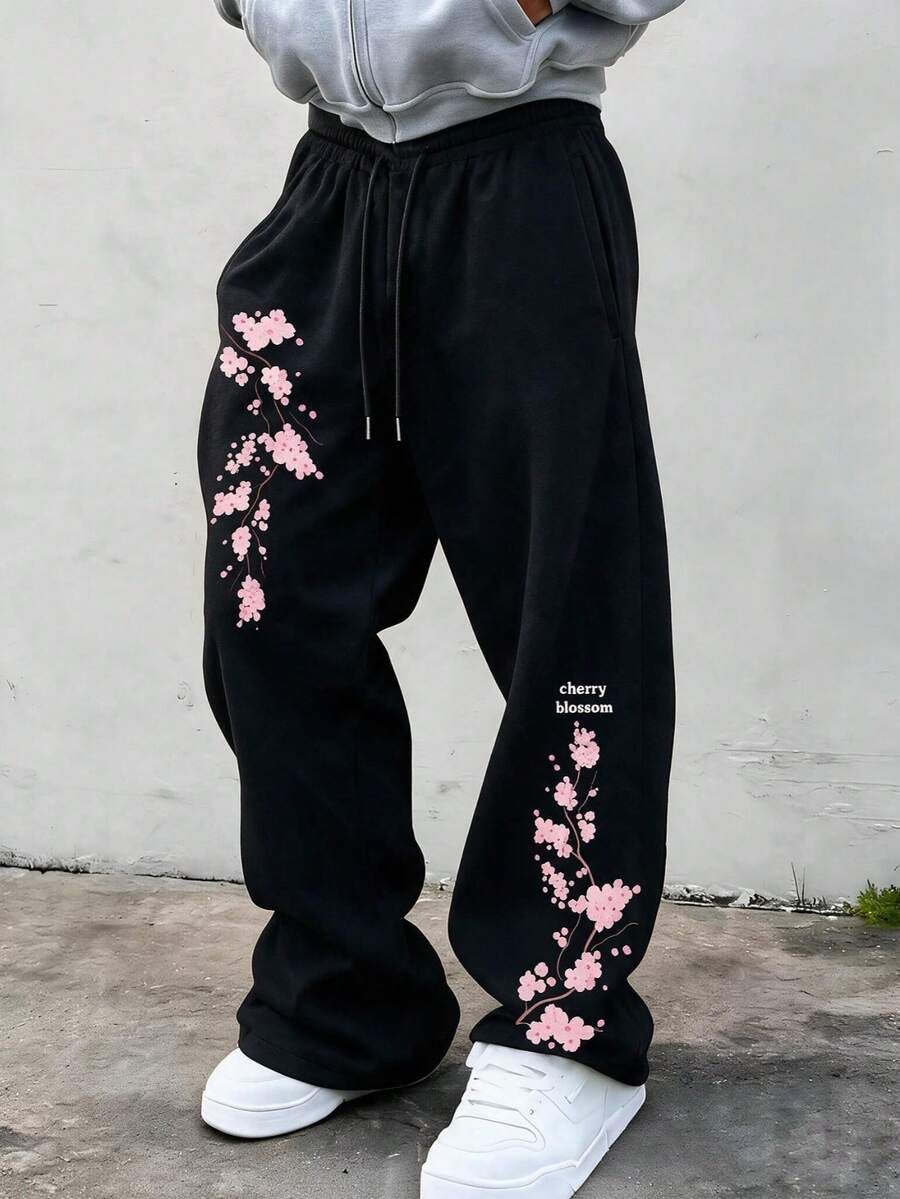 SU ER Men's Summer Casual Drawstring Elastic Waist Loose Draped Lazy Wide Leg Curved Hem Long Pants - Black - View 1
