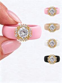 1PC Women's Elegant Round Cubic Zirconia Cut Zirconia Silicone Ring, Non-Fading Waterproof Washable Hypoallergenic, Suitable For Women To Wear, Perfect For Wedding Anniversary Daily Outfit Sports Yoga Valentine's Day Ideal Gift, Best Alternative To Metal Rings - White Round Zirconia Silicone - Gold - View 1