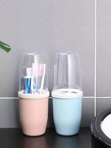 4pcs Couple Creative Toothbrush And Mouthwash Cup Set With Lid - Portable Travel Toothbrush Holder, Durable Plastic, Toothbrush Storage Set. Bathroom Toothbrush Storage Box. Portable Bathroom Toothbrush Box, Nordic Transparent Design. - A - View 7