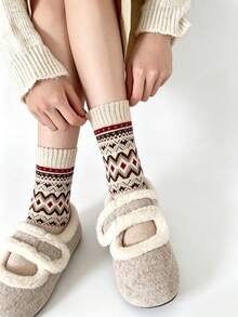 5 Pairs Men's Vintage Fair Isle Jacquard Mid-Calf Socks, Diamond Geometric Pattern Casual Socks For Daily Wear, Autumn/Winter - Multicolor - View 2