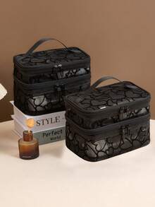 Bolsa de cosméticos transparente de doble capa, organizador de artículos de tocador multifuncional, diseño de cremallera casual diario - Negro - Ver 6