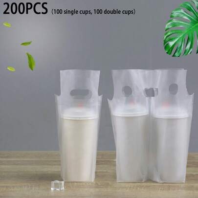 Paquete de 200 bolsas de plástico transparente para vasos de bebidas, 100 bolsas individuales y 100 bolsas dobles desechables para llevar bebidas con asa, bolsas herméticas para bebidas, ideales para té de burbujas, café, zumos, restaurantes, cafeterías, fiestas, picnics, viajes y Navidad.