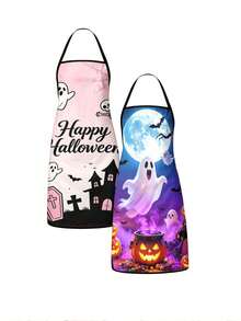 1pc 2pcs 4pcs Happy Halloween Cartoon Apron, Pink Ghost Castle Bat Print Sleeveless Apron, Women Kitchen Baking Apron Holiday Decor - Multicolor - View 4