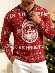 Men's Christmas Santa Claus Print Henley Collar Long Sleeve T-Shirt Top - Multicolor - View 4