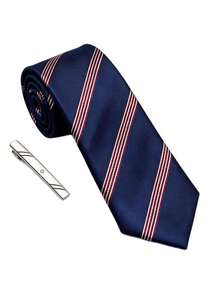 1 Set Men's Business Premium Minimalist Versatile Daily Tie And Tie Clip Accessories, Suitable For Business Meetings, Job Interviews, Parties, Weddings And Evening Events - Navy Blue and Red Stripes - View 3