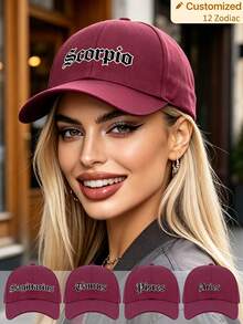 1pc 12 Zodiac Signs Baseball Cap, Retro Gothic Letter Print Red Dad Hat,Adjustable Unisex Casual Hat, Ideal Festival Party Daily Accessory ‑Lover Gift - Burgundy - View 2