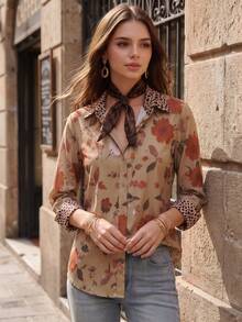 Women's Autumn Random Floral Print Pattern Top With Leopard Print Cuff Design, Fashionable Elegant Casual Commute Daily Wear Shirt For Autumn/Winter - Light Brown - View 2