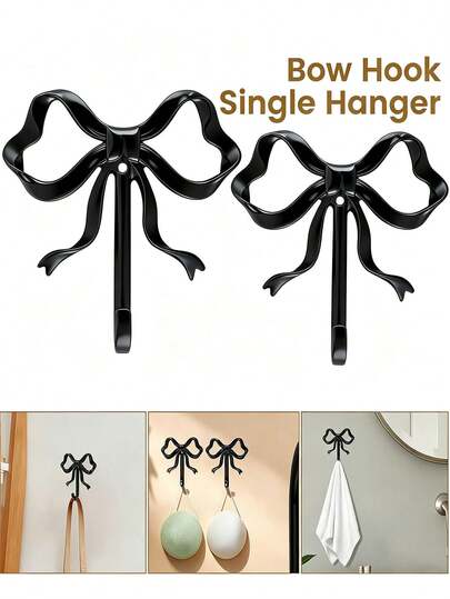 1pc/2pcs Black Fashion Bow Hook, Door Hook, Towel Hook, Brass Coat Hook, Wedding, Bathroom, Living Room, Kitchen Decor Hook, Suitable For Bedroom, Bathroom And Other Places, Practical Bowknot Hook