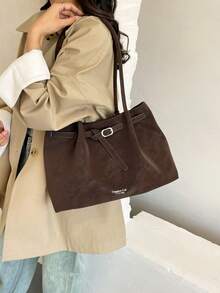 1pc Coffee Brown PU Leather Tote Bag With Strap Decor, Large Capacity Solid Color Shoulder Bag For Women - Coffee Brown - View 3