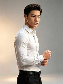 Men's Business Casual Long Sleeve Solid Dress Shirt, Versatile, For Fall - White - View 3