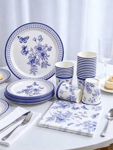 12/24/68 Piece Set, Blue And White Tableware, Butterfly Theme, 7-Inch Paper Tray, 9-Inch Paper Tray, Tissues, Paper Cups, Paper Trays, Food Trays, Party Trays, Bridal Showers, Receptions, Parties, Picnics, Camping, Barbecues And Other Festivals. - Multicolor - View 4