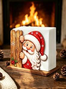1/2pcs Peek-A-Boo Santa Claus Wooden Napkin Holder And Tissue Box - Hidden Santa With Snowflake And Holly Berry Desktop Decor, Detachable Tabletop Storage Box, Suitable For Home Kitchen, Christmas Party Decoration, Desktop Tissue Holder - Multicolor - View 9