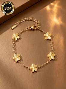 18K Gold Plated Stainless Steel Five-Leaf Clover Bracelet, Laser Engraved Flower Adjustable Chain Bangle, Minimalist Layering Daily Fashion Accessory Gift For Women - Gold - View 2