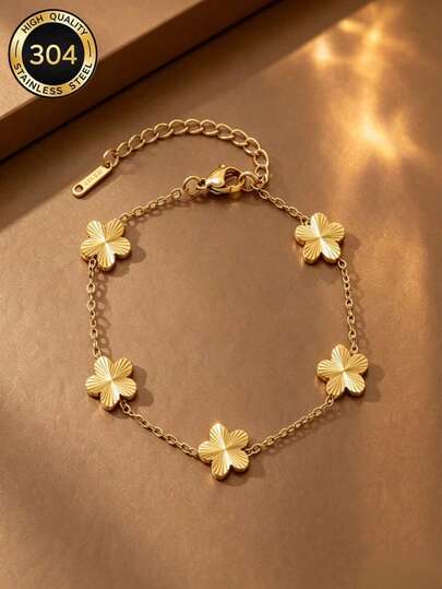 18K Gold Plated Stainless Steel Five-Leaf Clover Bracelet, Laser Engraved Flower Adjustable Chain Bangle, Minimalist Layering Daily Fashion Accessory Gift For Women