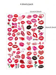 4 Sheets Lips And Mouth Pattern Temporary Tattoo Stickers, Waterproof Flower, Rose, Heart Tattoo Stickers, Suitable For Face, Neck, Arm Wedding Party Body Decor, Red Lips Body Stickers For Valentine's Day Body Art, Fake Tattoo For Women And Men - Red - View 8