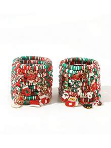 6pcs Christmas Red & Green Striped Soft Clay Elastic Bracelets With Random Christmas Metal Charms, Santa Claus, Christmas Tree, Holiday Accessories - Multicolor - View 6