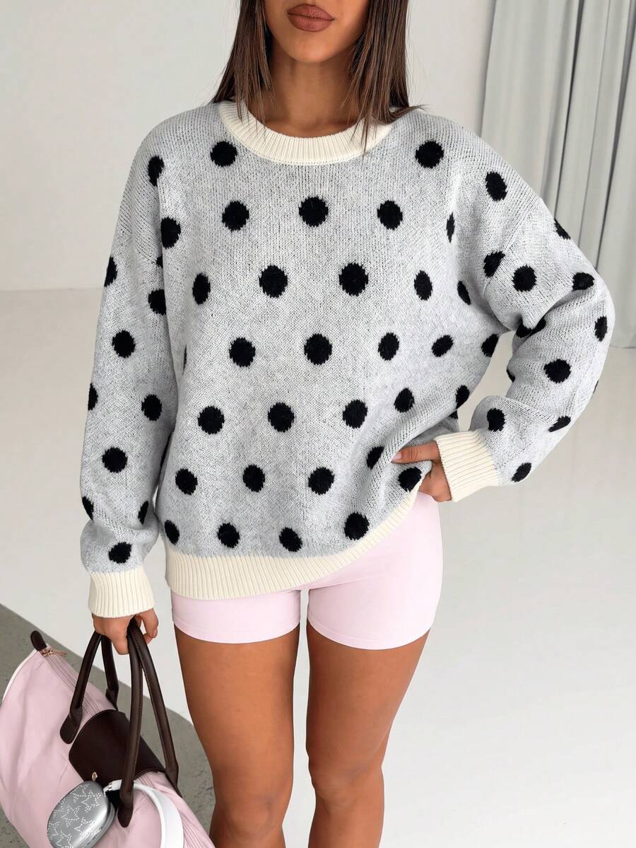 Sweater Rajut Lengan Panjang Motif Jacquard Bergelombang Hitam Putih untuk Wanita, Gaya Musim Gugur/Dingin - Hitam dan Putih - View 1