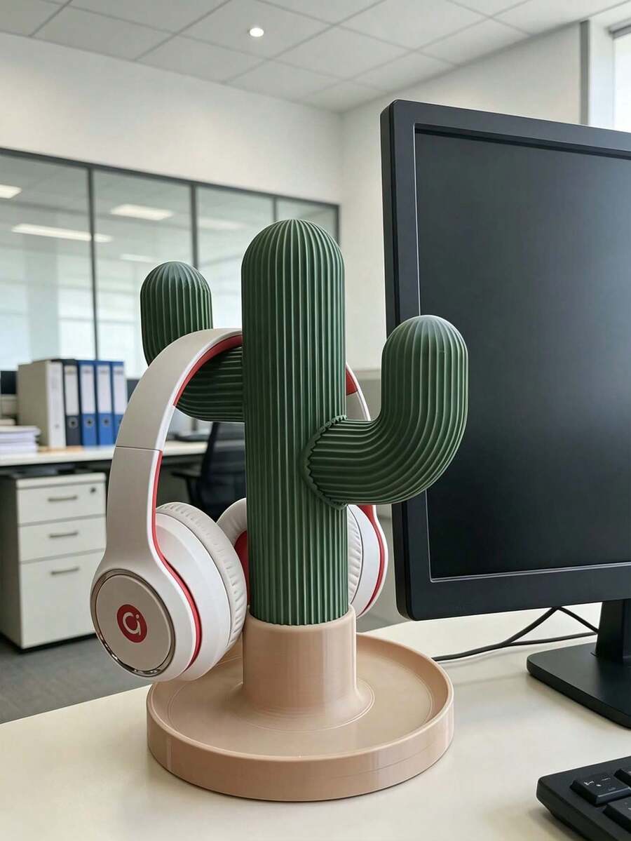 1pc Modern Style Resin Cactus Shaped Headphone Stand, Vertical Striped Texture With Round Storage Tray, Multi Hook Holder For Headset, Smart Watch & Earbuds, Desktop Display Rack, Suitable For Office, Study, Gaming Desk Decor And Holiday Gift Giving - Multicolor - View 1